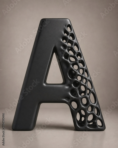 Black letter A with an intricate porous structure gradually emerging across its surface, creating an abstract concept of erosion, transformation, decay and material change.