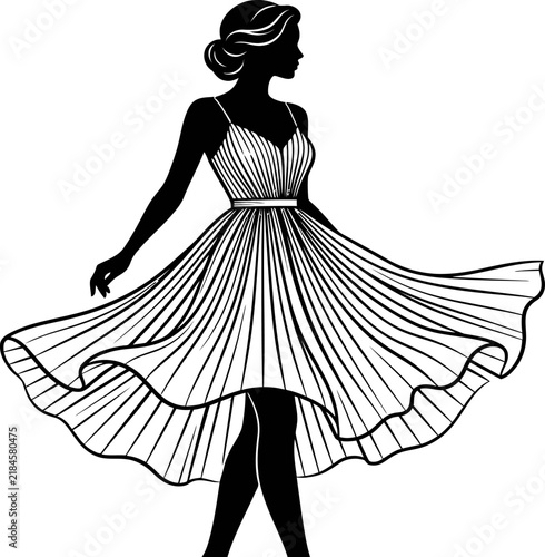 Silhouette of woman in pleated flowing dress spinning gracefully in elegant pose portrait.