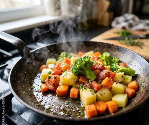 Warm cast iron skillet of roasted broccoli potatoes and cherry tomatoes for healthy home cooking