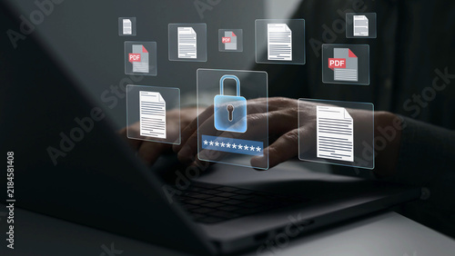 Bild auf Leinwand Secure PDF document management system with encrypted data storage, protected digital files and cybersecurity technology for enterprise information security