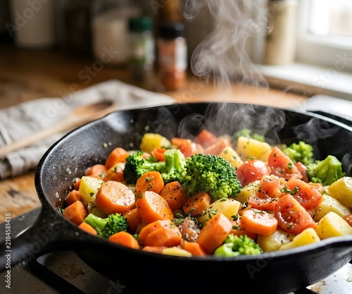 Warm cast iron skillet of roasted broccoli potatoes and cherry tomatoes for healthy home cooking
