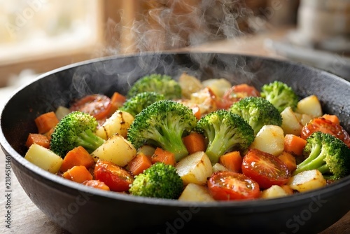 Warm cast iron skillet of roasted broccoli potatoes and cherry tomatoes for healthy home cooking
