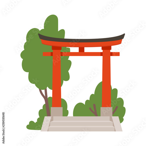 Fotografie Isolated Japanese torii gate with steps and green trees on white vector illustra