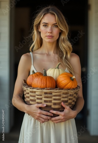 Woman holding basket of pumpkins.