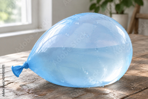 Overfilled translucent water balloon on wooden table, tension and fragility concept