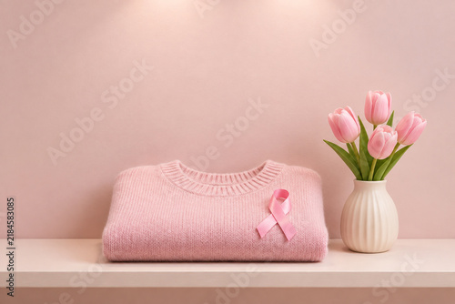 Folded pink sweater with tulips and ribbon pin on retail shelf, seasonal display concept