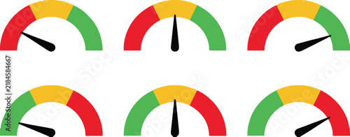 Six speedometer gauges with different needle positions representing speed measurement performance levels and vehicle dashboard indicators
