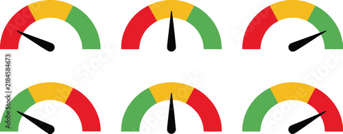 Six speedometer gauges featuring different needle positions for measuring speed performance acceleration and driving conditions