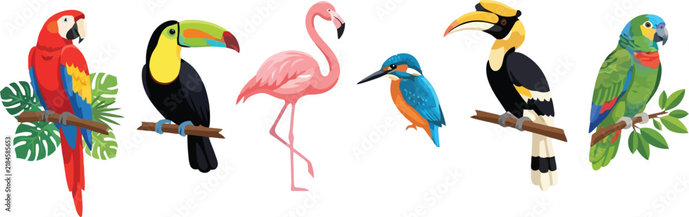 Obraz premium A collection of colorful tropical birds including parrots toucans and a flamingo.