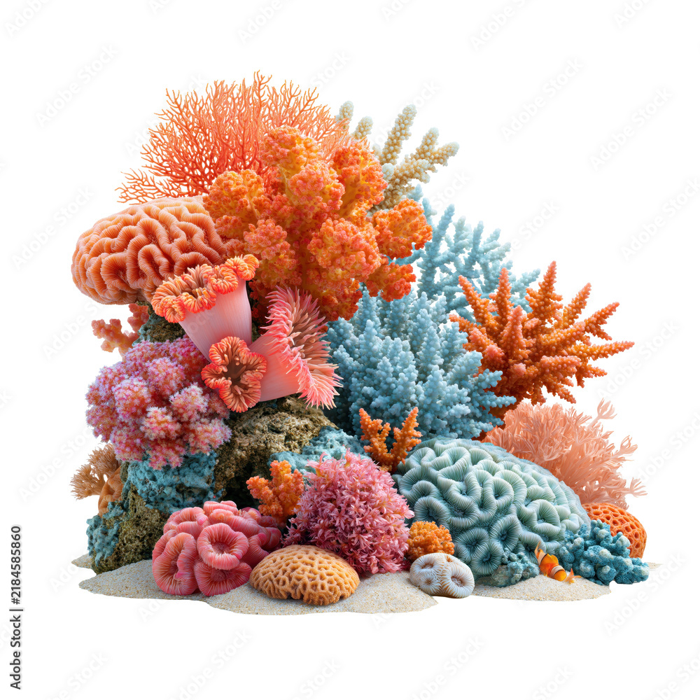 Obraz premium Coral reef from displayed on a white background showcasing diverse coral species and structures
