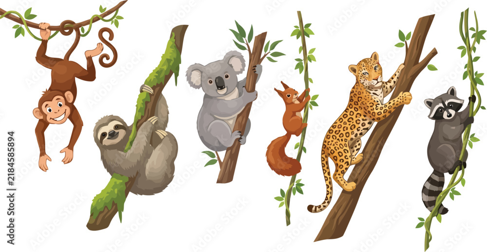 Obraz premium A collection of cute watercolor animals climbing on tree branches and vines.