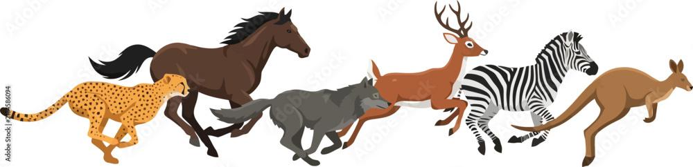 Obraz premium A diverse group of wild animals running together in a dynamic horizontal line.
