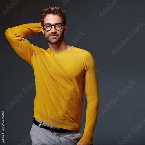 Fotografía Fashion, glasses or man in studio with portrait, basic outfit or confidence in informal attire