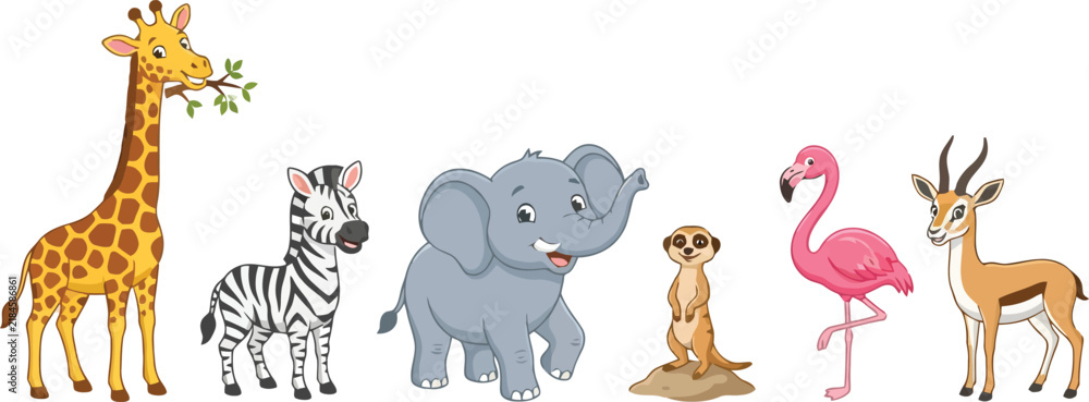 Obraz premium A collection of cute cartoon African safari animals standing together in a row.