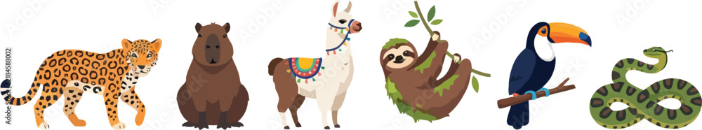 Obraz premium A collection of diverse rainforest animals including a leopard capybara sloth toucan and snake.