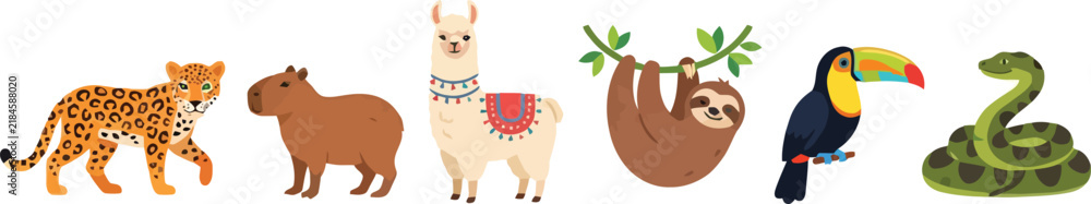 Obraz premium A collection of cute cartoon animals from the South American rainforest and Andes mountains.