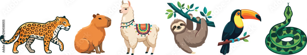 Obraz premium A collection of diverse South American wildlife illustrations featuring a jaguar capybara llama sloth toucan and snake.