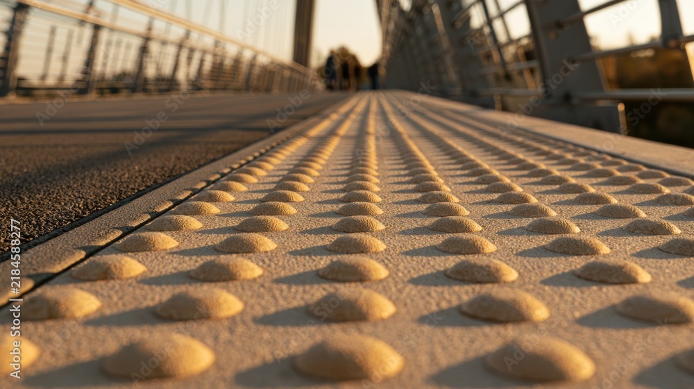 Obraz premium AI + Tactile Paving Close-up of a textured bridge surface with rivets, showing structural metal elements and a blurred pedestrian walkway.