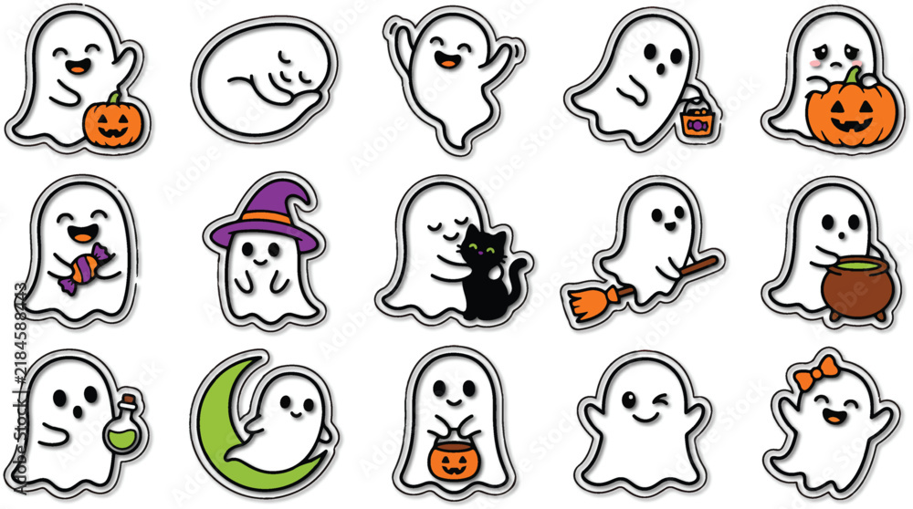 Fototapeta premium Cute Halloween Ghost Clipart Set with Pumpkins, Candy, Witches and Black Cats