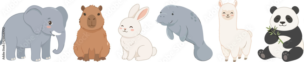 Obraz premium A collection of cute cartoon animals including an elephant capybara rabbit manatee llama and panda.