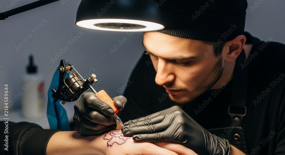 Fototapeta premium Skilled Tattoo Artist Carefully Applies Ink With Machine on Client's Forearm Under Studio Light