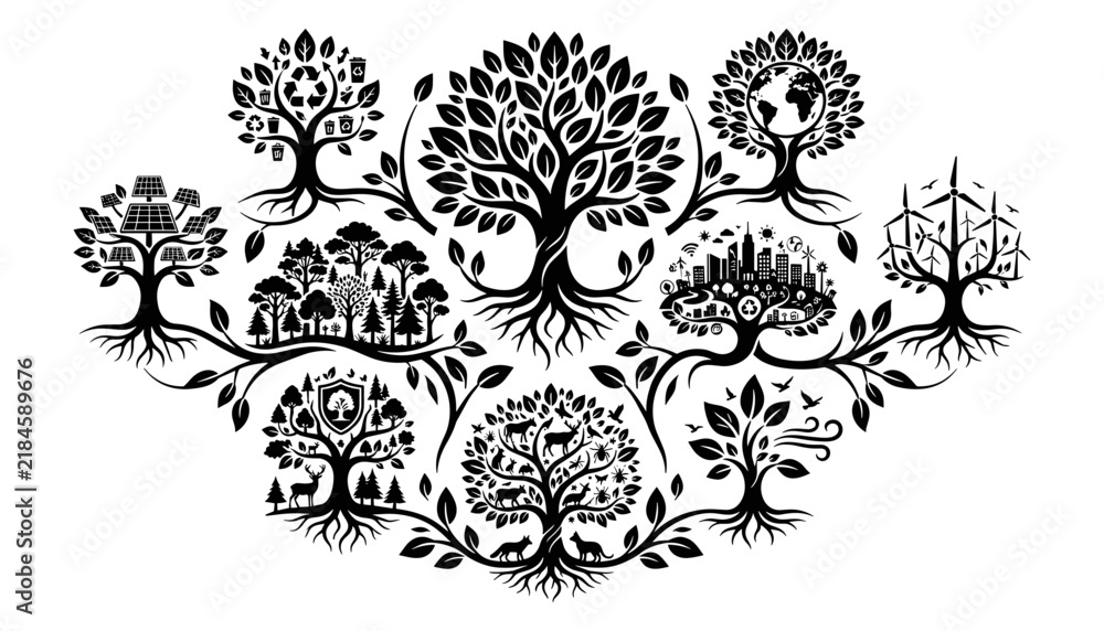 Fototapeta premium Stylized Tree Silhouettes Arranged in a Circular Design Featuring Trees