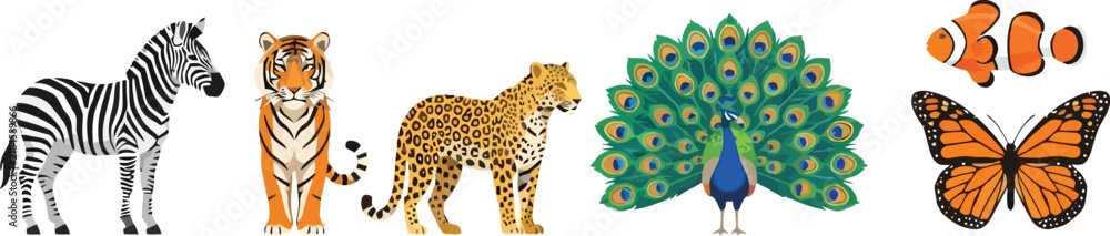 Obraz premium Collection of various wild animals and insects including zebra tiger leopard peacock and butterfly.