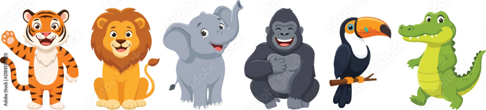 Obraz premium A collection of cute cartoon animals including a tiger lion elephant gorilla toucan and crocodile.