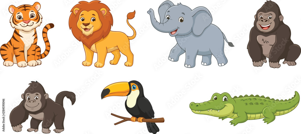 Obraz premium A collection of cute cartoon wild animals including a tiger lion elephant gorilla toucan and crocodile.