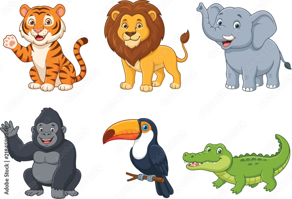 Obraz premium A collection of six friendly cartoon jungle animals including a tiger lion elephant gorilla toucan and crocodile.