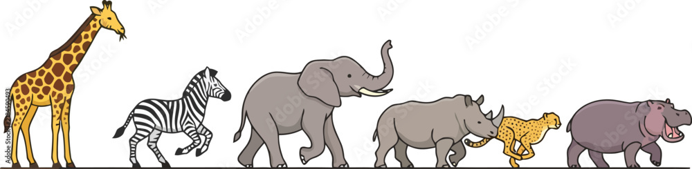 Fototapeta premium A colorful illustration featuring a line of various wild African safari animals.