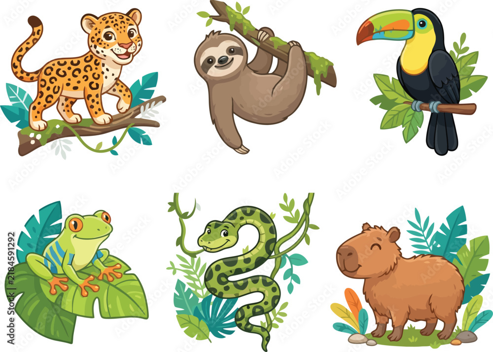 Obraz premium Set of cute cartoon rainforest animals including a jaguar sloth toucan frog snake and capybara.