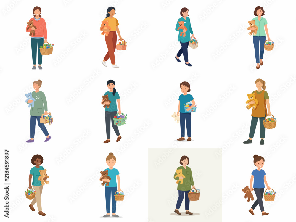 Fototapeta premium Flat vector illustration set of diverse little girls walking and standing while holding cute teddy bears and small baskets, isolated on white background for design projects.