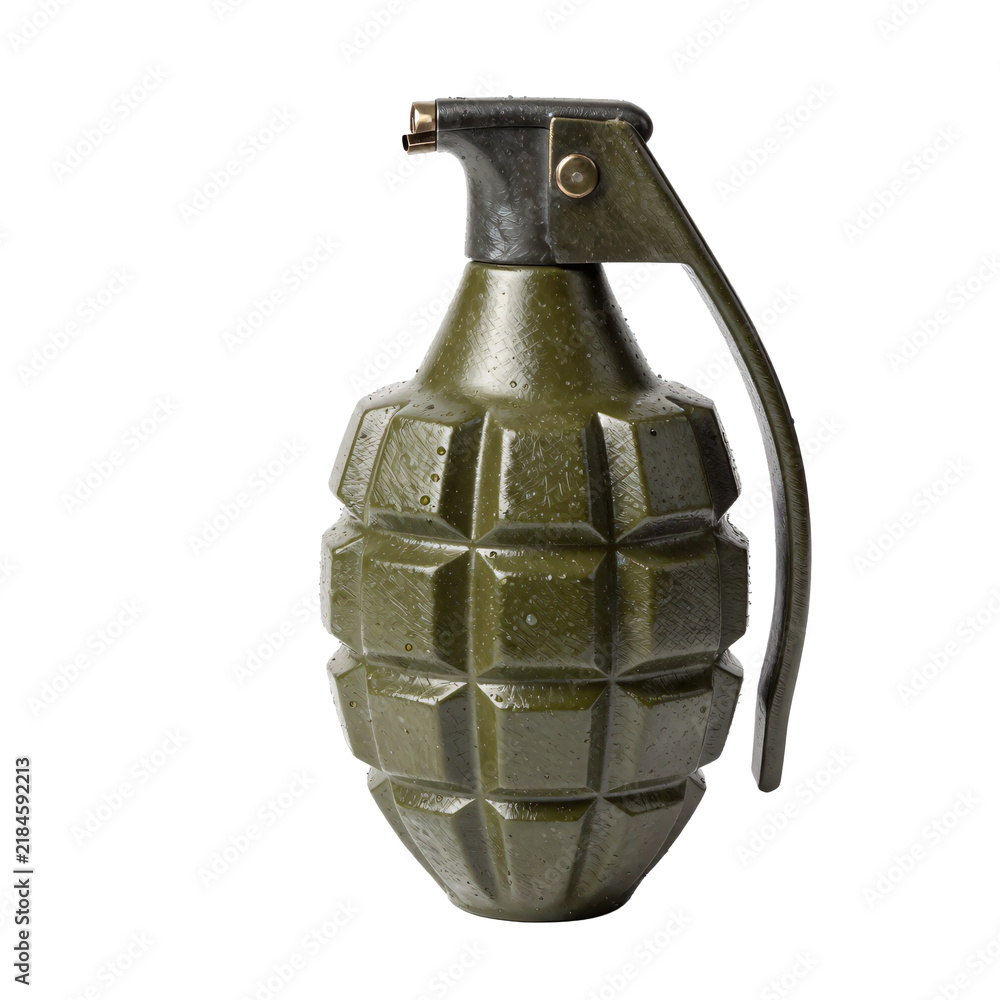 Fototapeta premium Isolated olive green fragmentation hand grenade with a brass fuze on a white background