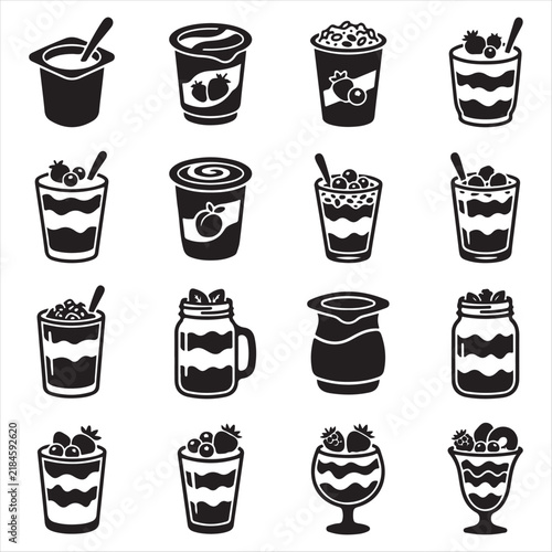 Yogurt and fruit dessert icons set featuring creamy snacks fruit salad breakfast smoothie isolated collection elements culinary restaurant nutrition delicious wholesome ingredients