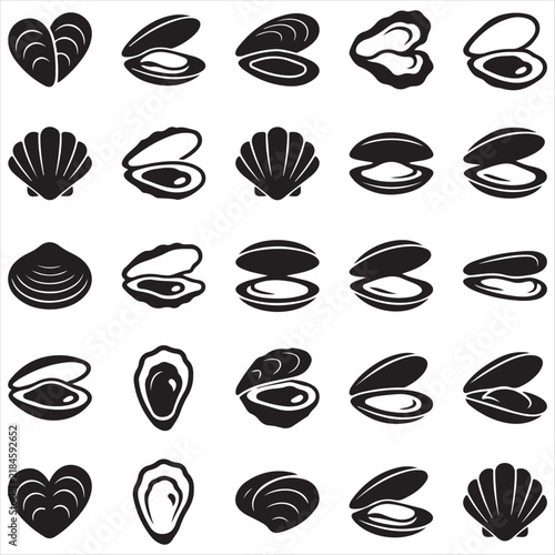 Icon set of various seashells oysters and clams for seafood and marine life themes with seashells shellfish collection pictogram silhouette illustrated nautical