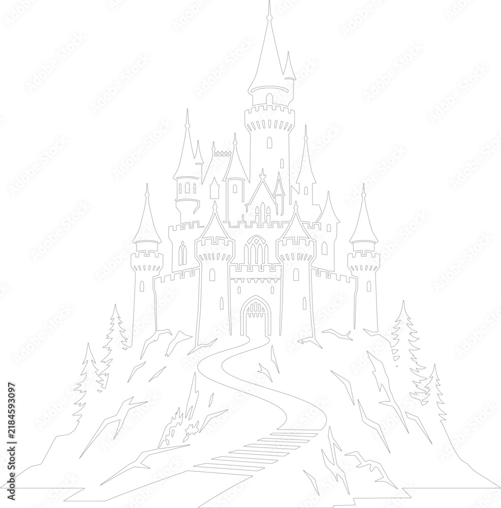 Naklejka premium Elegant medieval fairytale castle outline with tall towers and winding pathway on a hill crest vector