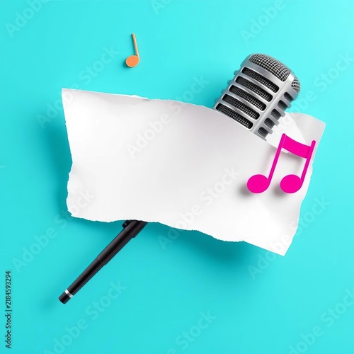 Dynamic microphone with torn paper music note sound wave speech bubble banner template for podcast or music project,  eclectic,  paper
