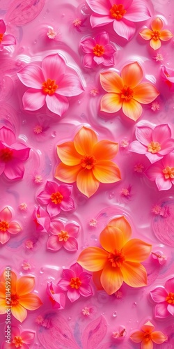 Vibrant pinks and oranges swirl with delicate water blooms, evoking a cheerful, artistic feel,  fresh,  delicate