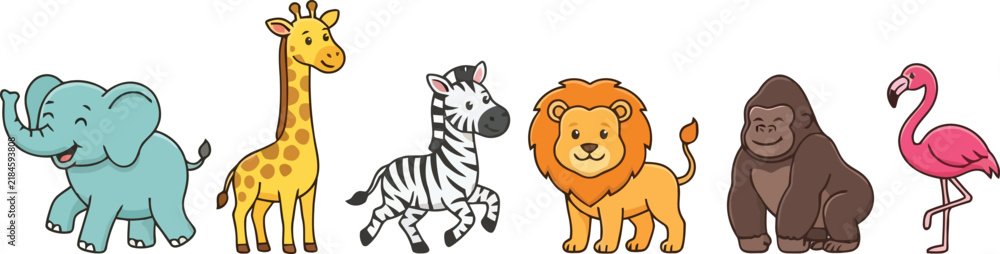 Obraz premium A collection of cute cartoon zoo animals standing in a row.