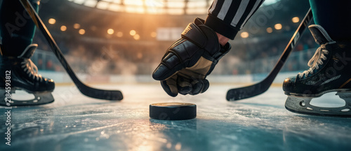 Referee Hand Hockey Puck on Ice