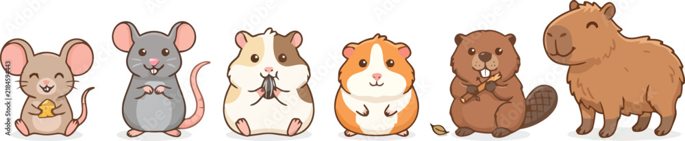 Fototapeta premium A collection of cute cartoon rodents including mice hamsters and a capybara.