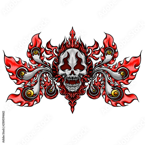urning Skull with Eyeball Tentacles and Flame Wings Vector Illustration, Fiery Devil Skull with Eyeballs and Red Flame Ornament Illustration, Gothic Flame Skull Artwork with Tentacle Eyeballs Vector
