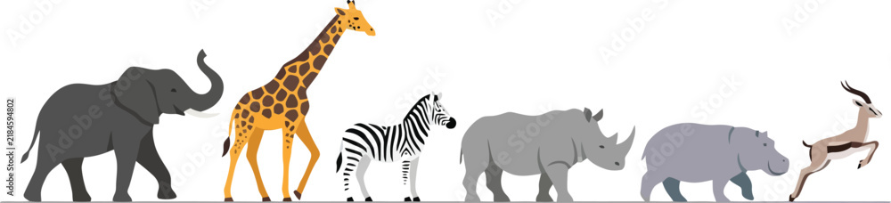 Fototapeta premium A collection of various African safari animals standing in a row on a white background.