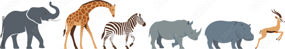 Obraz premium A collection of diverse African safari animals standing in a row on a white background.