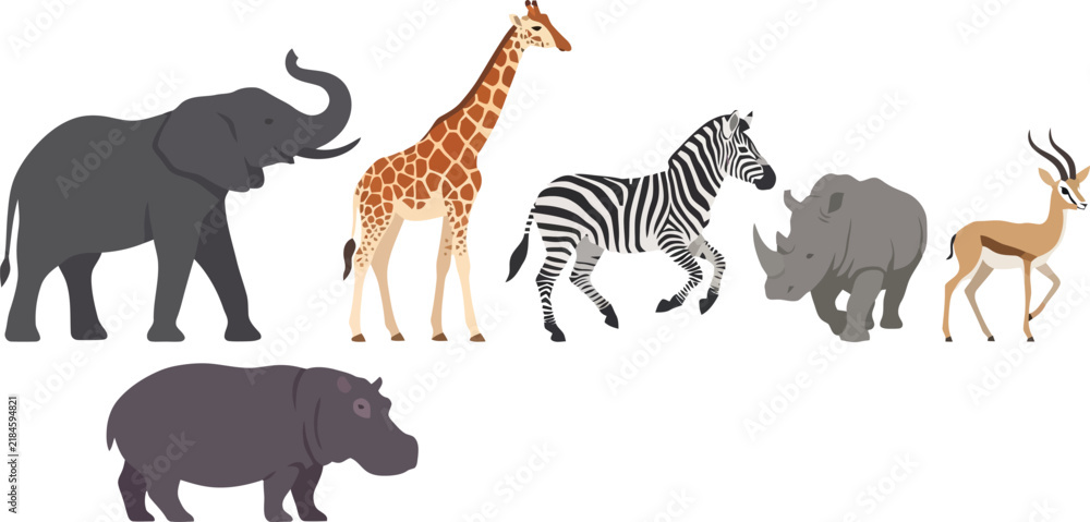 Obraz premium A collection of various African safari animals including elephant giraffe zebra rhino and gazelle.
