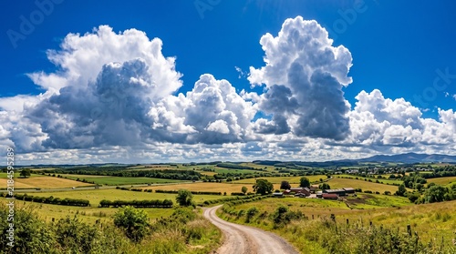 Country dirt road winding through green rolling hills and farmland
