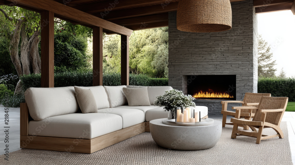 Obraz premium Modern outdoor living area with wooden sofa, stone fireplace, woven chairs, round table, candle decor, and lush garden view