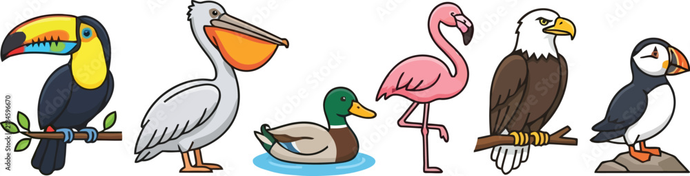 Obraz premium A colorful collection of various bird species illustrated in a cartoon style.