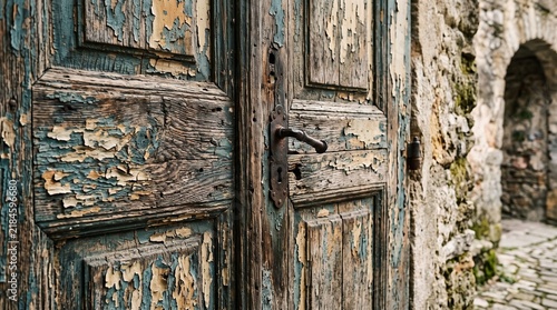 Old wooden door with peeling blue paint and rusty handle